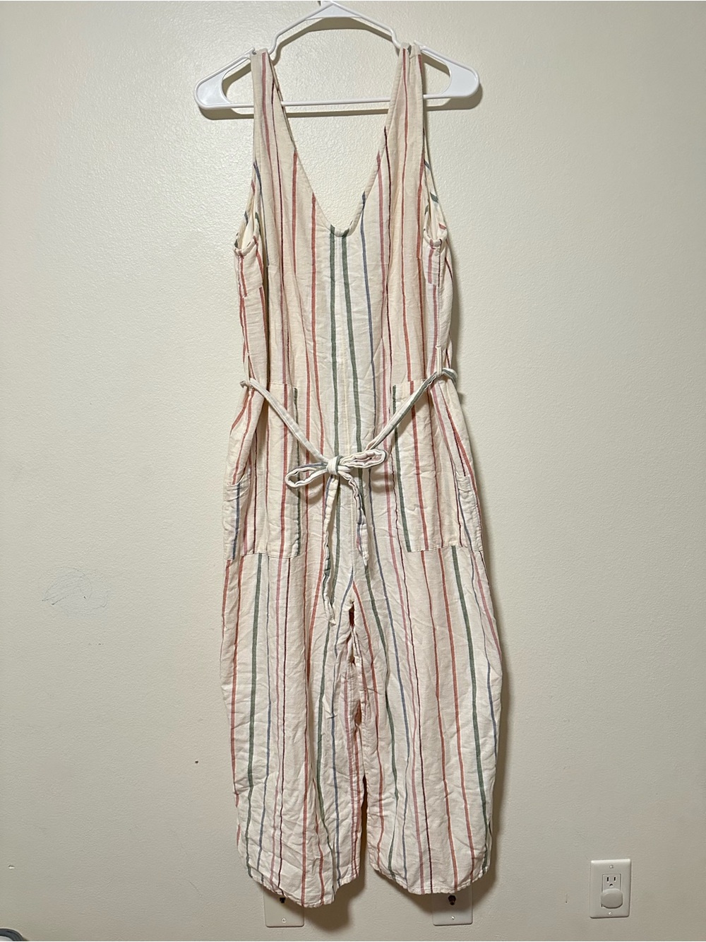 American Eagle Women's Cream Striped Wide-Leg Cotton Linen Blend Jumpsuit - Picture 3 of 6